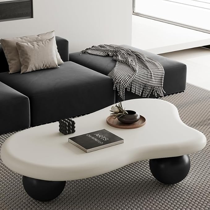 47.2” Cloud Coffee Table with 3 Ball Legs, Modern Irregular Center Table for Living Room, Low Cute Small MDF Tea Table for Bedroom, Space Apartment-White Black