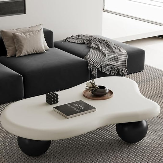 47.2” Cloud Coffee Table with 3 Ball Legs, Modern Irregular Center Table for Living Room, Low Cute Small MDF Tea Table for Bedroom, Space Apartment-White Black