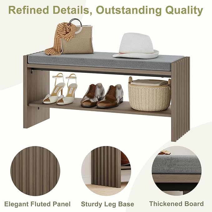 BON AUGURE Shoe Storage Bench Bedroom, Entryway Bench with Cushion, Ottoman Benches for Living Room Hallway Entry (Greige Oak, 40 Inch Wide) - Image 4