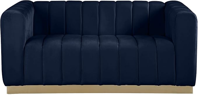 Meridian Furniture 603Navy-L Marlon Collection Modern | Contemporary Velvet Upholstered Loveseat with Deep Channel Tufting, Stainless Steel Base in a Brushed Gold Finish, Navy, 62.5" W x 34" D x 28" H