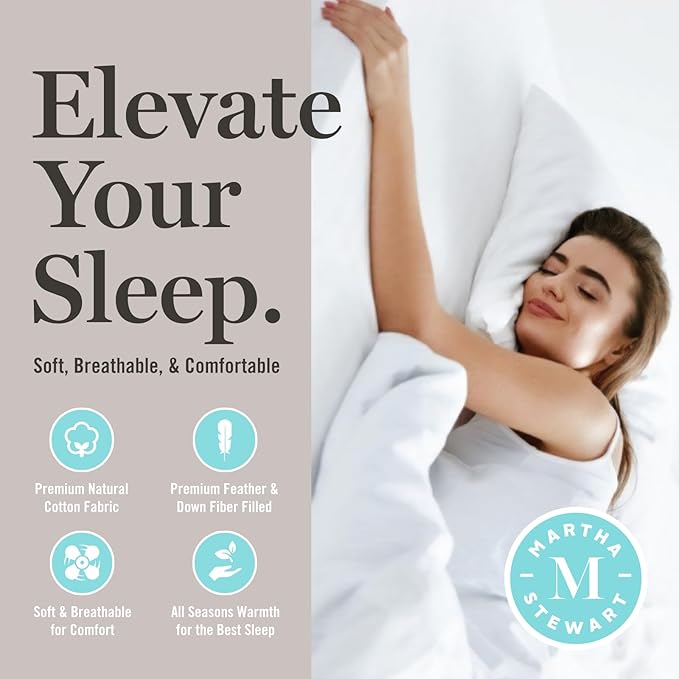 Martha Stewart White Goose King Size Feathers Down Fiber Comforter, Ultra Soft 100% Cotton Duvet Insert King, Hotel Luxury Hypoallergenic Comforter 95oz All Season Extra Warmth 106 x 90 Inch