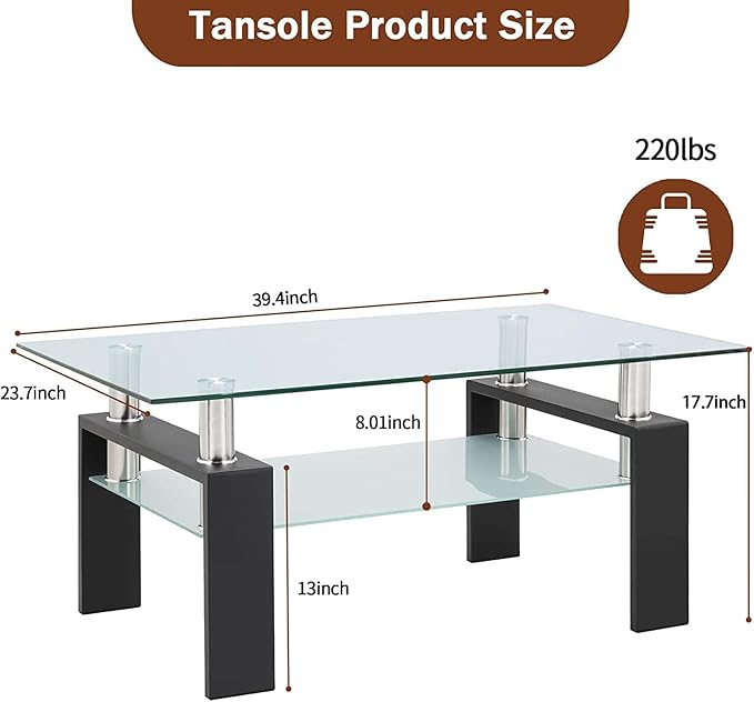 39.4'' Rectangle Glass Coffee Table, Black Coffee Table with Tempered Glass & Metal Legs, 2-Tier Modern Center Table with Storage Shelf, Clear Glass Coffee Tables for Living Room, Apartment, Office