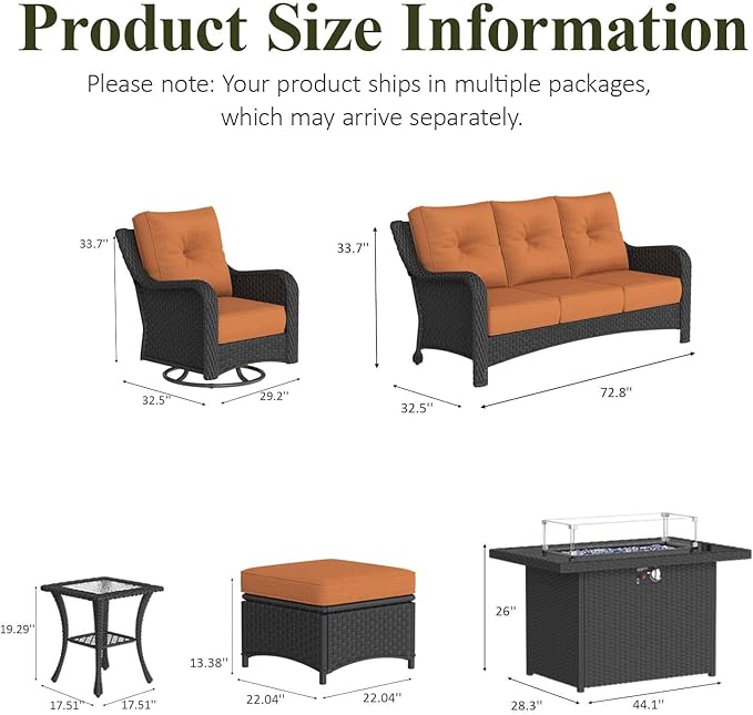 LayinSun 10 Piece Wicker Outdoor Furniture Set with 6-inch Comfy Cushions, High Back Patio Furniture Set with Swivel Rocking Chairs and Fire Pit Table