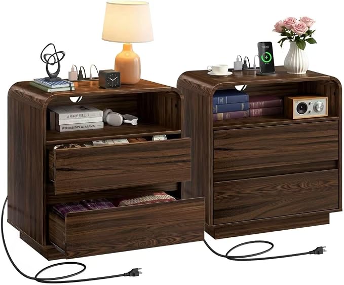 Nightstands Set of 2, Wide Round Bedside Table Set with Charging Station, Large End Table with 2 Drawers Curved Design Modern Nightstand for Bedroom Sofa Home Office Walnut by miucore