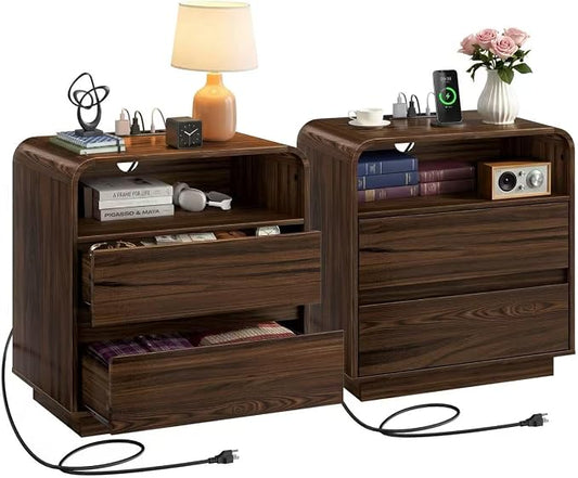 Nightstands Set of 2, Wide Round Bedside Table Set with Charging Station, Large End Table with 2 Drawers Curved Design Modern Nightstand for Bedroom Sofa Home Office Walnut by miucore