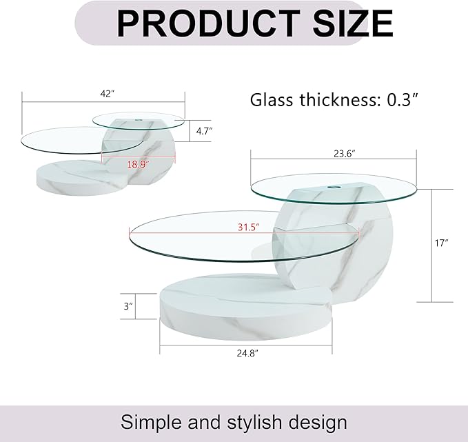 42" Glass Coffee Table, Round Coffee Table, 2-Tier Tempered Glass Tabletop with White Faux Marble Base, Modern Center Table for Living Room, Home, Apartment, Ideal for Small Space