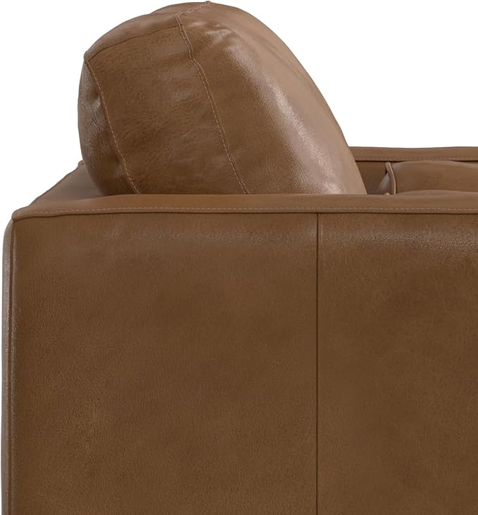 SIMPLIHOME Morrison Arm Chair - 42 inch Wide Upholstered Genuine Leather Mid-Century Modern Accent Chair in Caramel Brown with Solid Wood Legs, Reversible Bolster Pillows and Reclined Back