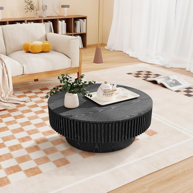 31.5'' Round Coffee Table for Living Room, Fluted Coffee Table with Hidden Storage, Solid Wood Veneered Circle Table, Modern Tea Table for Small Space Apartment (Black)