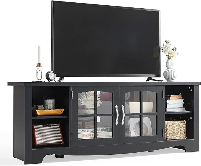 LINSY HOME Farmhouse TV Stand for 65 Inch TV, Wood Entertainment Center with Glass Door Storage Cabinet & Adjustable Shelves, Sturdy TV Console Table for Living Room Bedroom, Black by LINSYHOME