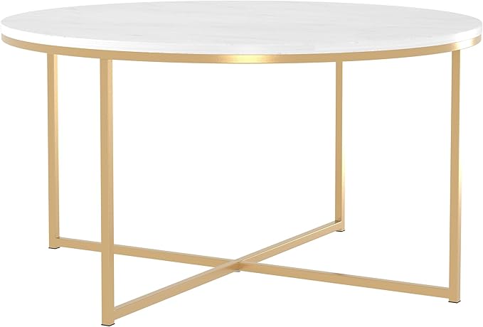 Walker Edison Modern Glam Round Accent Faux White Marble Coffee Table with Gold X-Base, 35.5 Inch