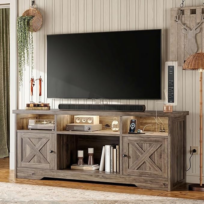 Casaottima TV Stand for 65 Inch TV, Farmhouse Entertainment Center with Power Outlet & LED Light and Storage Cabinets, Console Table and Media Furniture for Living Room Bedroom, Gray Oak by Casaottima