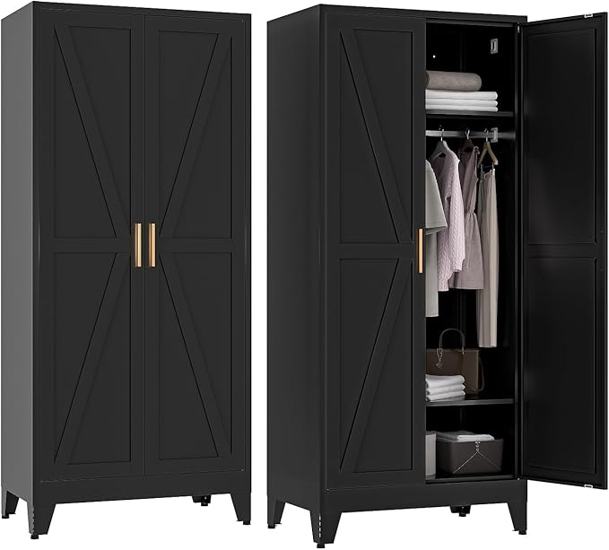 COFaR Metal Wardrobe Cabinet, 71" Farmhouse Storage Cabinet with Hanging Rod, 2 Barn Door, 2 Adjustable Shelves and Legs, for Bedroom, Laundry Room, Cloak Room, Gym, Office, School (Black)
