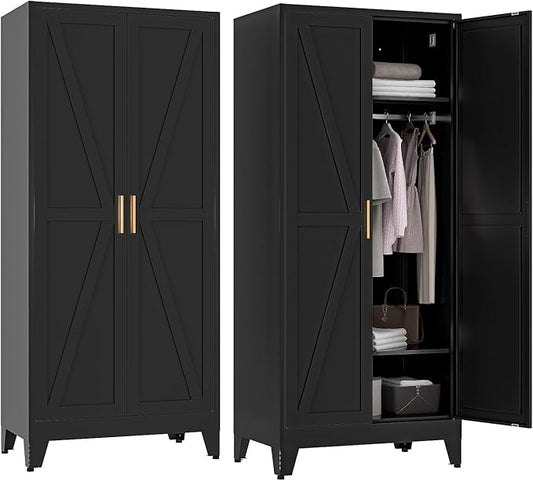 COFaR Metal Wardrobe Cabinet, 71" Farmhouse Storage Cabinet with Hanging Rod, 2 Barn Door, 2 Adjustable Shelves and Legs, for Bedroom, Laundry Room, Cloak Room, Gym, Office, School (Black)