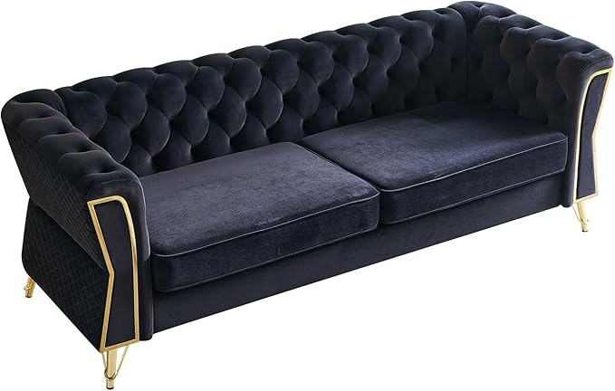 KEIKI 87" Chesterfield Velvet Button Tufted Sofa with High Density Foam Cushions, Modern 3-Seater Couch with Gold Strip Trim Decoration, Easy Assembly, for Apartment, Living Room, Office, Black