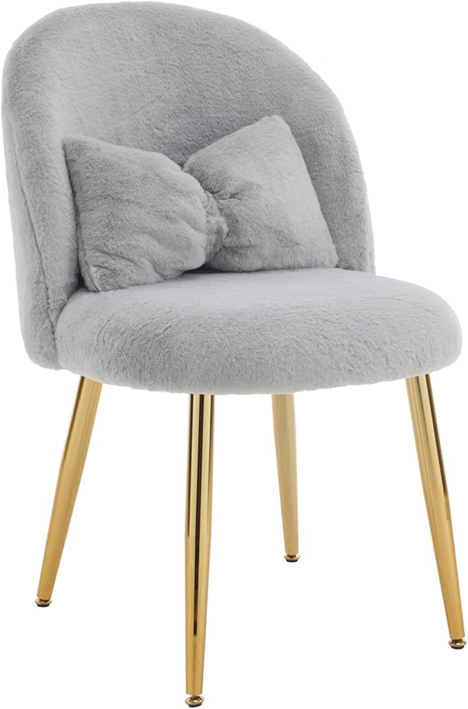 VINGLI Fluffy Girls Vanity Chair with Back & Pillow,Cute Small Cozy Desk Chair No Wheels,Comfy Makeup Ch with Ajustable Gold Legs,for Bedroom,Living Room,Small Space,Grey