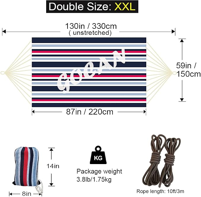 GOCAN Brazilian Double Hammock 2 Person Extra Large 220x160cm Total Length 330cm Load 500lb Canvas Cotton Hammock for Patio Porch Garden Backyard Lounging Outdoor and Indoor(Dark Blue) - Image 2