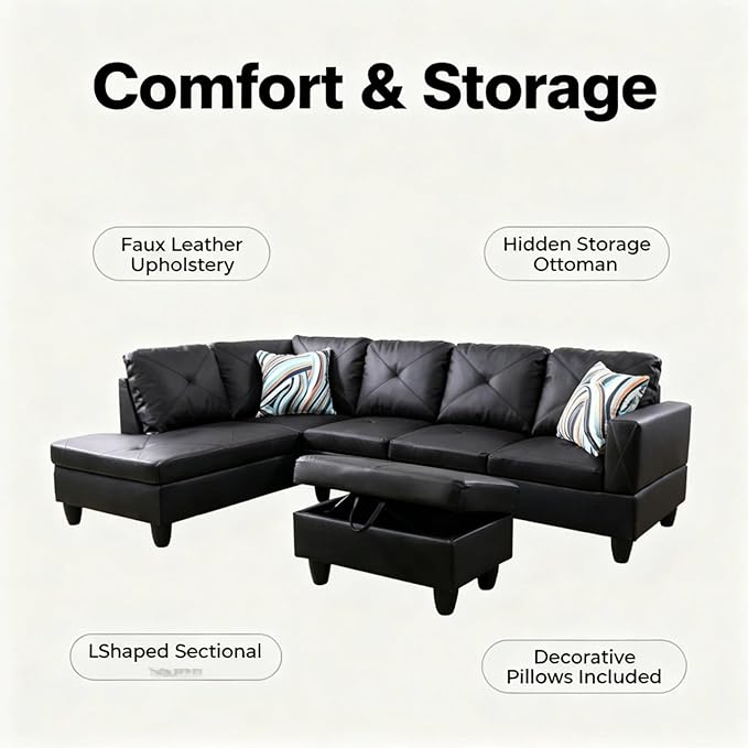 L-Shape Sofa with Storage Ottoman, Leather Sectional Couch with Left Chaise, Modern 3-Piece Sofa Set for Living Room, Upholstered Couch Set with Solid Wood Frame for Apartment, Loft, Black