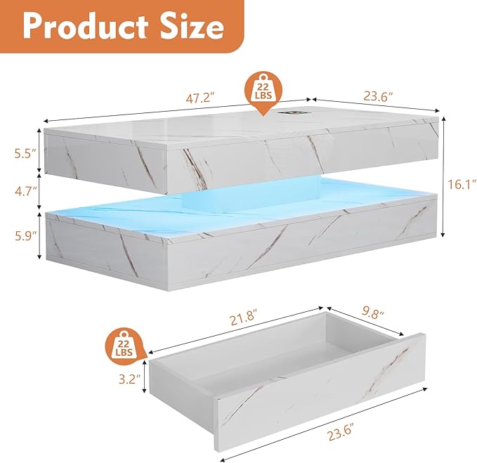 47" Modern LED Coffee Table with 2 Drawers, High Glossy Double-Layer Center Table with Wireless Charging and Built-in Bluetooth Speaker Smart Table for Living Room with Marbling White