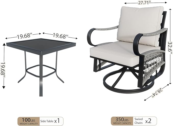 Patio Conversation Sets, 3 Pieces Outdoor Bistro Sets with 360° Swivel Gliders & Side Table, Waterproof Rocking Chairs Furniture Set for Porch Balcony Backyard, Beige