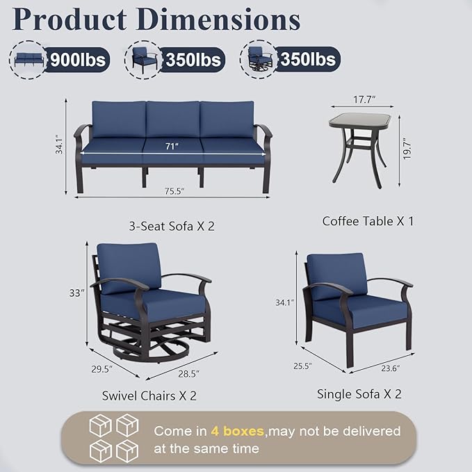 ALAULM Aluminum Patio Furniture Set with 2 Swivel Chairs 10-seat Metal Outdoor Furniture Patio Sectional Sofas Patio Conversation Set w/5.1" Cushions for Patio, Backyard, Poolside-DarkBlue