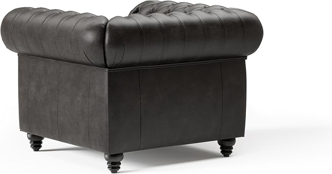 Valencia Parma Chesterfield Chair 45" | Premium Full-Aniline Leather | Mid-Century Accent Chair with Classic Button Tufted Back and Wood Legs for Living Room, Black