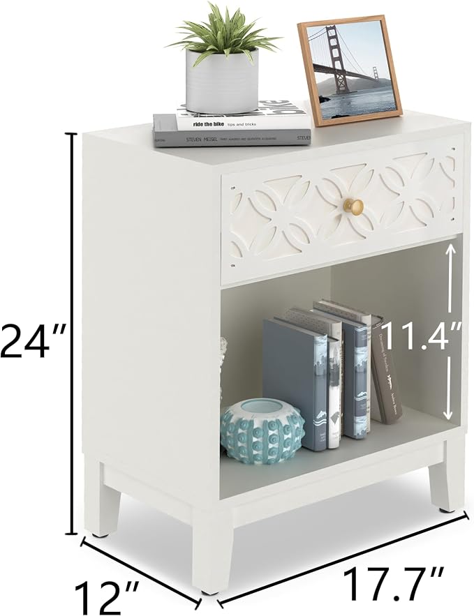 White Nightstand with Drawer and Open Shelf, 17.7 W Modern Bed Side Table for Bedroom, Small End Table for Small Spaces, Compact Side Table for Living Room, Easy Assembly - Image 2