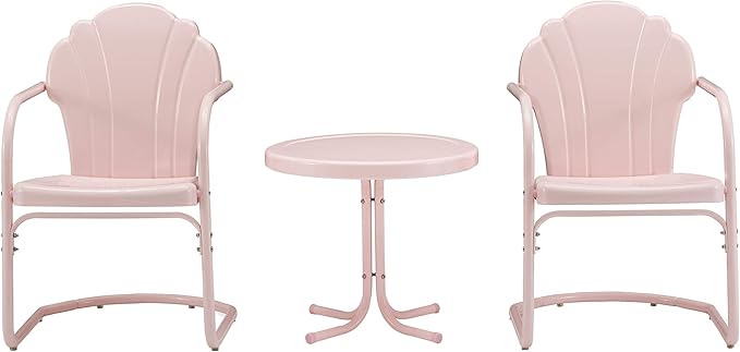 Crosley Furniture Tulip 3-Piece Outdoor Chair and Side Table Set, Retro Metal Patio Conversation Sets, Pink