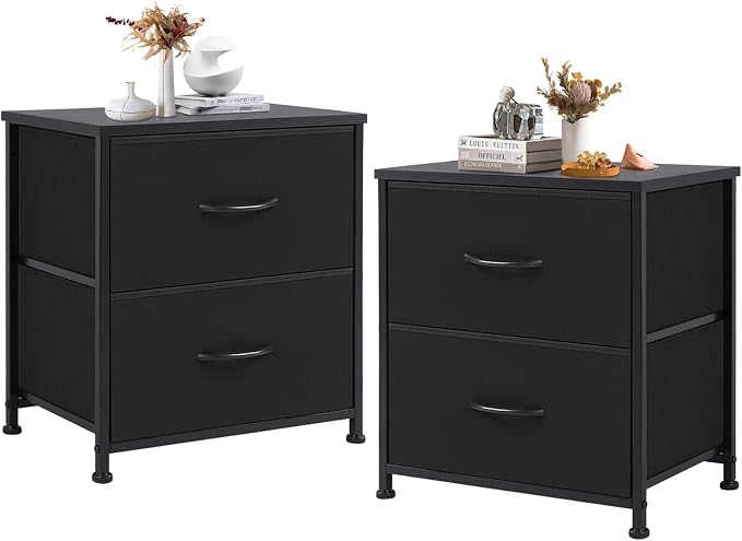 DUMOS Nightstand Set of 2, Small Dresser with 2 Fabric Drawers Side Bedroom End Table Kids Bedside Storage Furniture for 25 inch Tall Night Stand for Closet, Entryway, College Dorm, Classic Black by DumosLifestyle