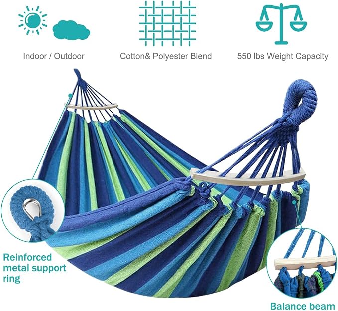 MOSFiATA Hammocks Portable Camping Hammock Upgraded 550lb Comfortable Fabric Hammock with Two Anti Roll Balance Beam and Sturdy Tree Straps for Camping, Patio, Backyard, Outdoor （Blue Green） - Image 2