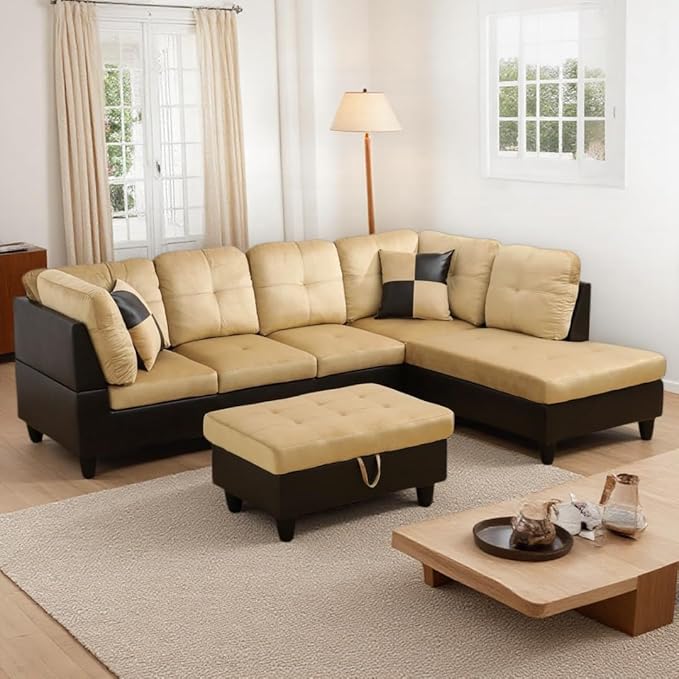 NicBex Modular L-Shaped Sectional Couches, 3-Piece Convertible Couch with Storage Ottoman, 4-Seat Comfy Sofa with Chaise for Living Room & Apartment, Beige + Brown