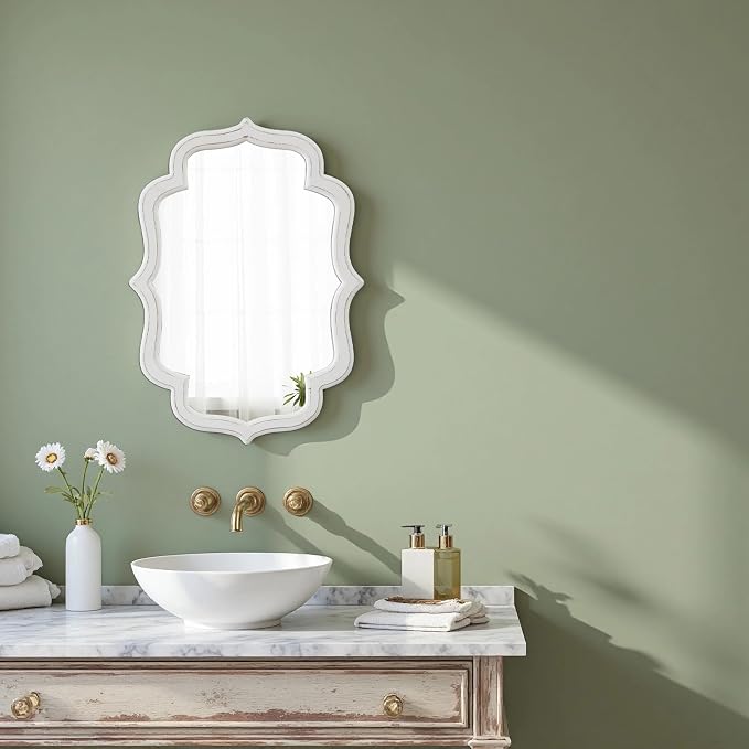 Vintage Oval Wall Mirror 22 X 30 Inch, Hanging Distressed White Scalloped Rustic Wood Wall Mirrors for Bathroom Bedroom Living Room, Farmhouse Entryway Mirror, Horizontal or Vertical - Image 5