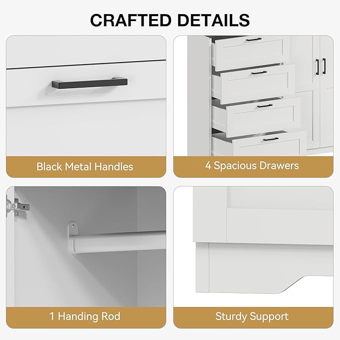 IDEALHOUSE 43.3'' H Armoire Wardrobe Closet with 4 Drawers and 2 Doors, Hanging Rod, Multifunctional Wooden Dresser with Storage Closet, Bathroom Cabinet for Bedroom, White