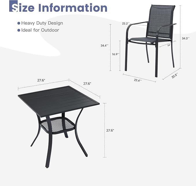 VICLLAX Outdoor Dining Set for 2, Small Patio Table and Chairs Set of Stackable Patio Sling Chairs and Square Dining Table for Front Porch, Dark Grey Fabric and Black Table - Image 7