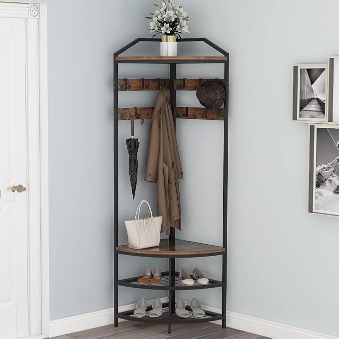 GiftGo Corner Hall Tree with Shoe Bench Entryway Coat Rack with 10 Metal Movable Hooks Floor Standing Clothes Rack Shoes Shelf Organizer for Home Office Bedroom (Rustic Brown) - Image 4