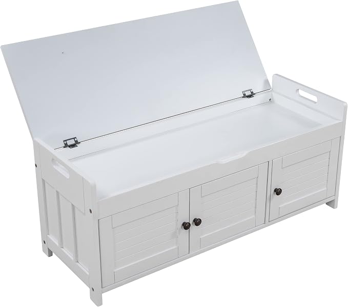 SOFTSEA Storage Bench with 3 Shutter-Shaped Doors Wood Entryway Bench Shoe Bench with Removable Cushion and Hidden Storage - Image 4