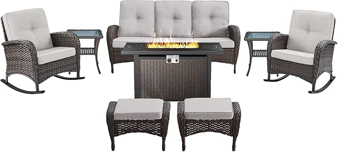 Belord Patio Furniture Set with Fire Pit Table - 8 Piece Outdoor Wicker Furniture Set with 43" 50000 BTU Propane Fire Pit and Rocking Chairs Patio Conversation Set for Deck Outside Backyard Beige