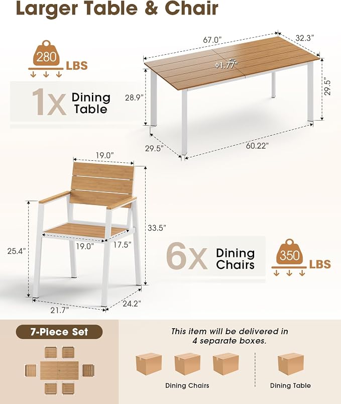 Outdoor Dining Set for 6, Aluminum Patio HDPS Outdooor Table and Chairs Set with Umbrella Hole, All Weather Patio Furniture Set, 7 Peice Patio Dining Table Set (White & Teak) - Image 2