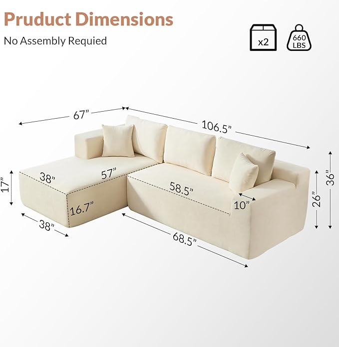 Rovibek Modular No Assembly Compression Sofa with 5 Pillows, L Shape Sectional Couch Deep Seat Couches with Chaise for Living Room, White