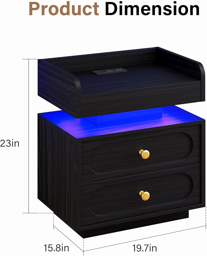 4ever2buy Black Night Stand with Adjustable LED Lights and Charging Station Modern Bedside Table with 2 Storage Drawers End Table for Bedroom - Image 2