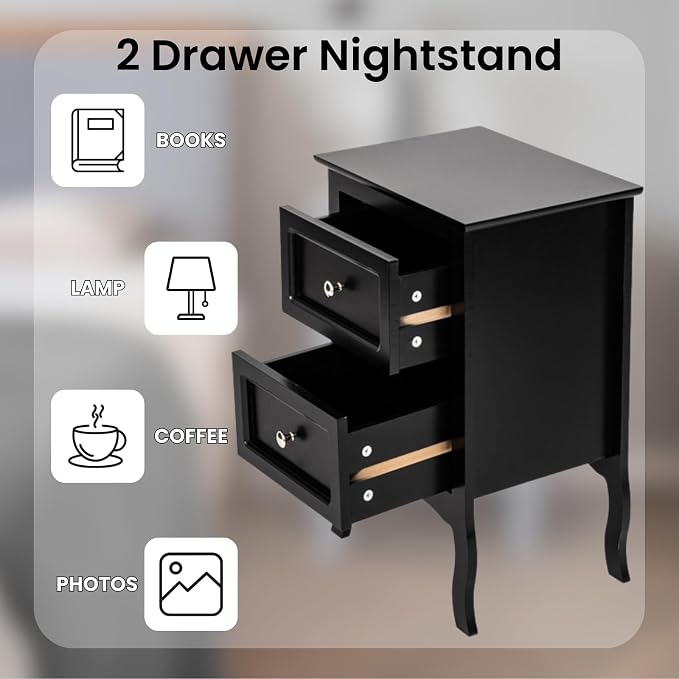 Karl home Black Nightstand Set of 2 for Bedroom, Vintage Small Night Stand with Drawers, Farmhouse Side Table, Wooden End Tables with Curved Legs for Office, Mid-Century - Image 4