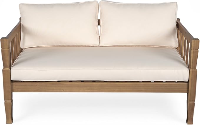 Christopher Knight Home 4-Piece Patio Furniture Set with Coffee Table, Acacia Wood Outdoor Conversation Set, 4 Seater Patio Sofa Set with Thick Cushions for Backyard,Balcony, Light Brown+Beige