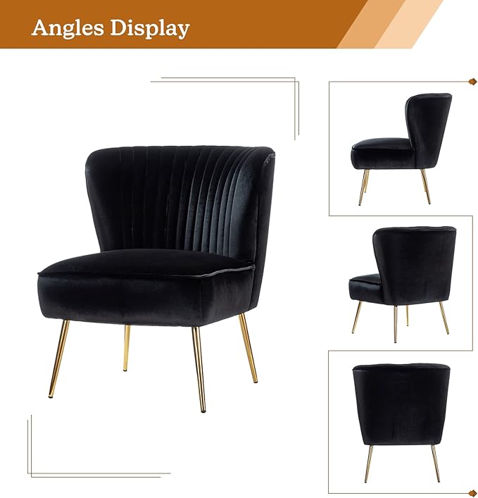 HULALA Home Velvet Accent Chair Set of 2, Modern Armless Upholstered Side Chair with Glam Gold Metal Legs for Vanity Living Room Bedroom - Black