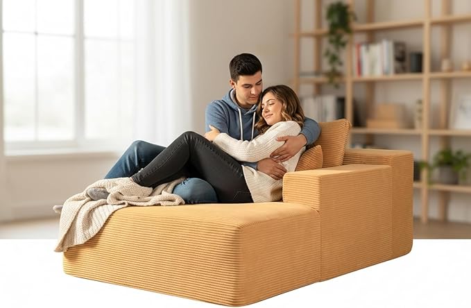 Monroe Convertible Chaise Lounge Chair Indoor – Oversized Corduroy Couch with Wide Armrest & Throw Pillows, Cozy Boneless Sleeper Sofa Bed Armchair, Ginger Yellow