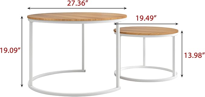 HOJINLINERO Round Coffee Table,Nesting Coffee Table Set of 2,Center Tables for Living Room,Office, Home Small Space,Stacking Side Tables,Sturdy and Easy Assembly,Wood Desktop,White+Teak OAKDK,Large