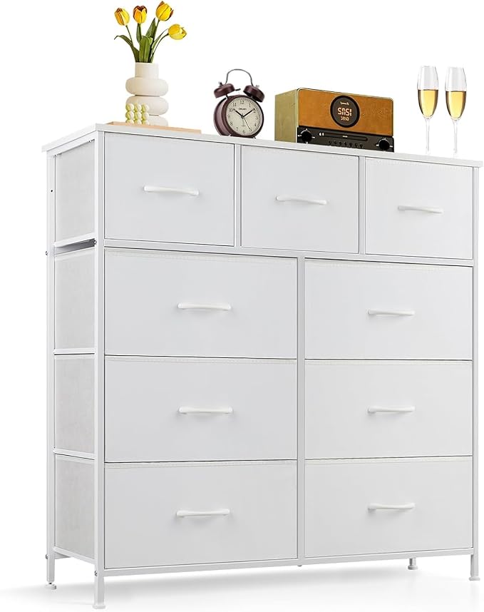 9-Drawer Dresser for Bedroom, Anti-Tip Tall Storage Organizer Chest of Drawers with Wooden Top and Metal Frame Fabric Bins for Closet, Living Room, Hallway, Entryway, White by SageNest