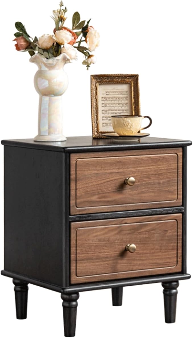 YESWOOD 100% Solid Wood Nightstand, Mid Century Modern Night Stand with Drawers, Wooden Nightstands for Bedroom, Small Night Stands Bedside Tables (Black/Walnut, 19.69" H) by YESWOOD
