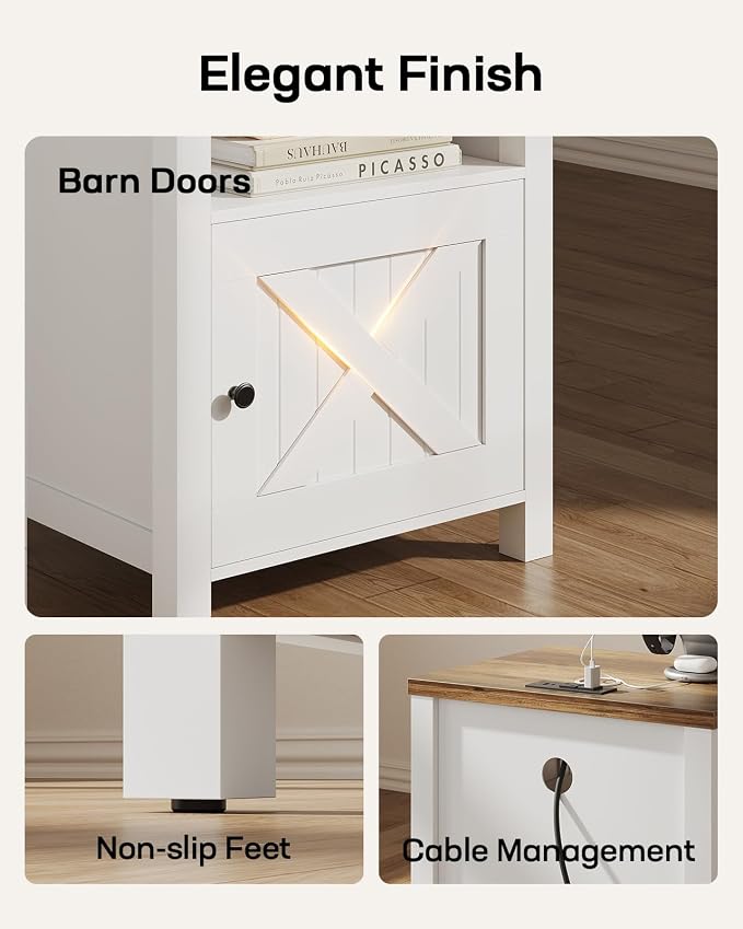 Marsail Farmhouse Nightstand, Wood Bedside Table with Charging Station, Night Stand with Shelf and Doors, End Table with Storage Side Table for Bedroom, White & Brown - Image 7