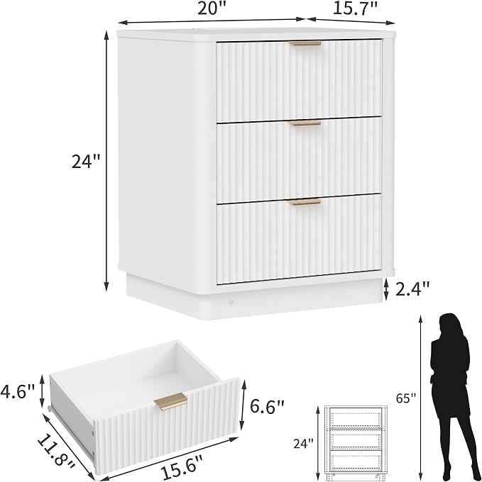 Fluted Night Stand Set of 2, Curved Nightstands with Charging Station Lighting, Wood End Table with 3 Drawers, Modern Side Table Storage Cabinet for Bedroom Office,(2, White) - Image 3