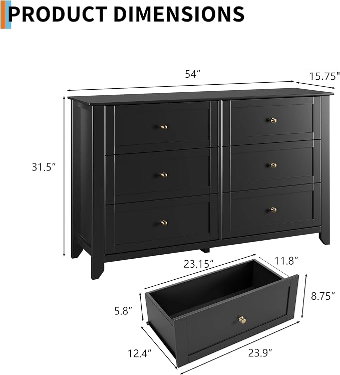 GarveeHome Black 6 Drawer Dresser for Bedroom, Simply Modern Chest of Drawers, Wood Storage Large Dresser with Deep Drawers for Living Room, Hallway Entryway - Image 2