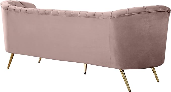Meridian Furniture Margo Collection Modern | Contemporary Velvet Upholstered Sofa with Deep Channel Tufting and Rich Gold Stainless Steel Legs, Pink, 88" W x 30" D x 33" H
